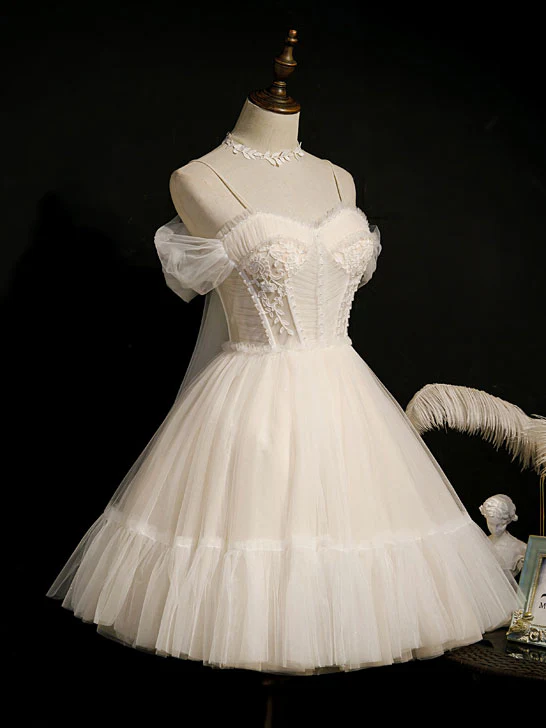 Light Champagne Tulle Short Prom Dress, Puffy Tulle Lace Homecoming Dress - Deanwangkt
