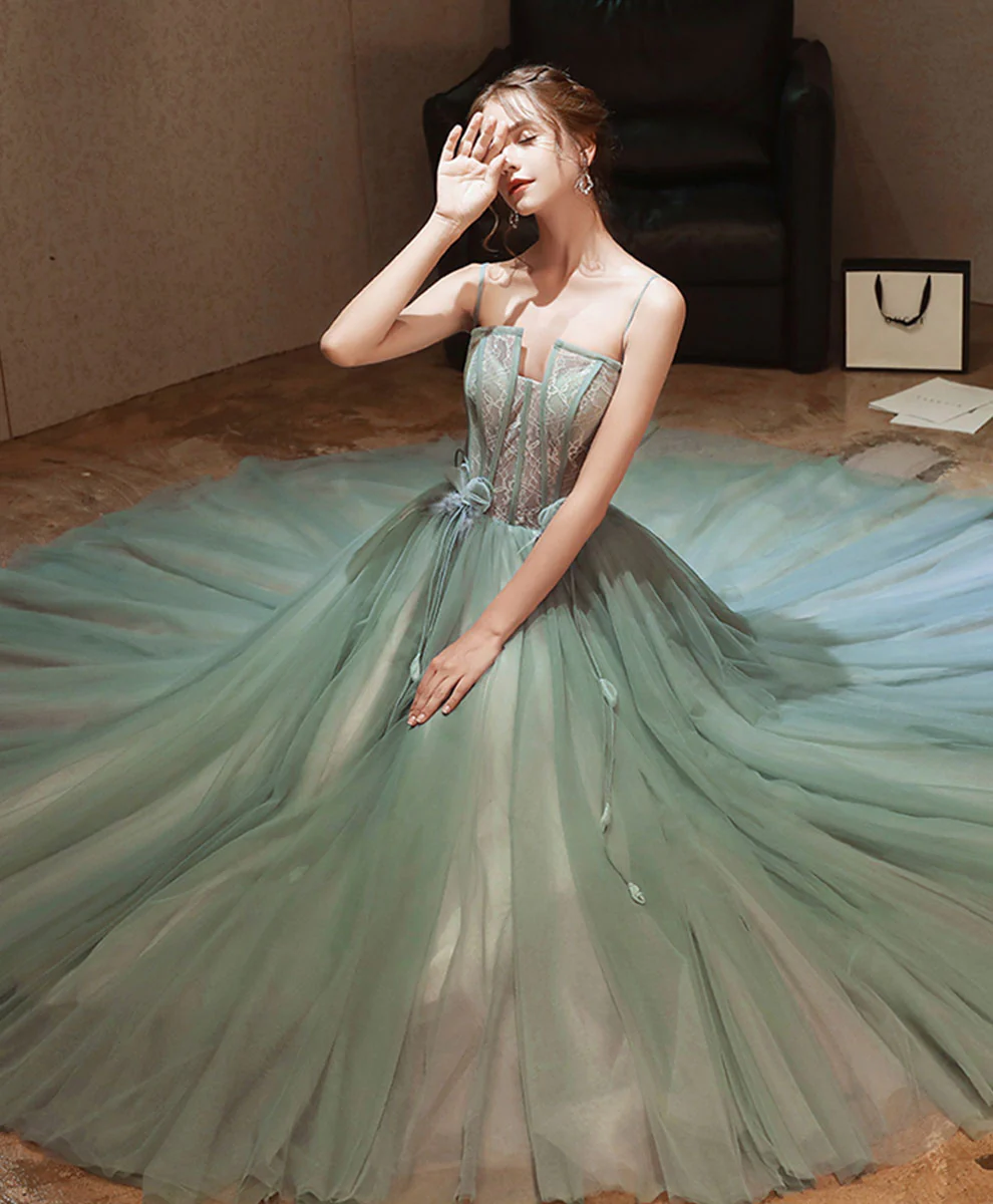 Green Tulle Lace Long Prom Dress Green Lace Tulle Formal Dress - Deanwangkt
