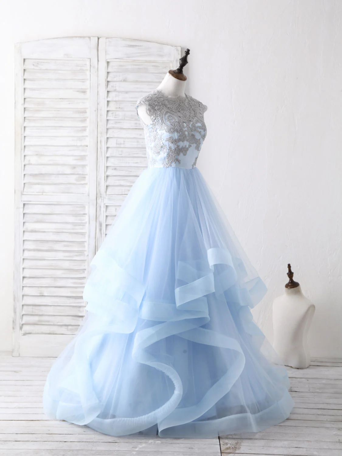 Blue Tulle Lace Applique Long Prom Dress Blue Tulle Sweet 16 Dress - Deanwangkt