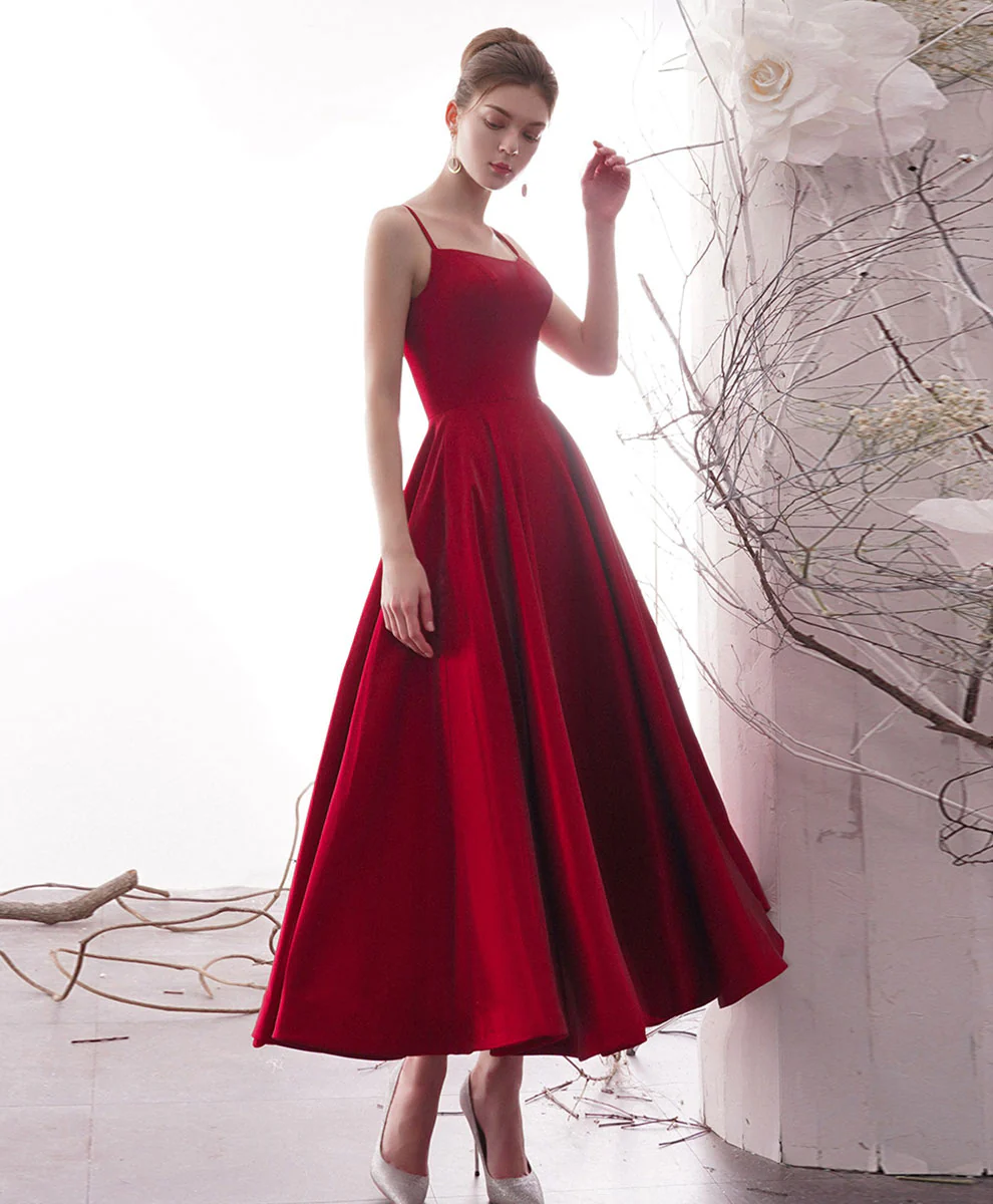 Simple Red Satin Tea Length Prom Dress, Red Homecoming Dresses - Deanwangkt