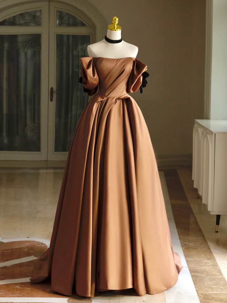 Simple A-Line  Satin Brown Long Prom Dress, Brown Long Formal Dress - Deanwangkt