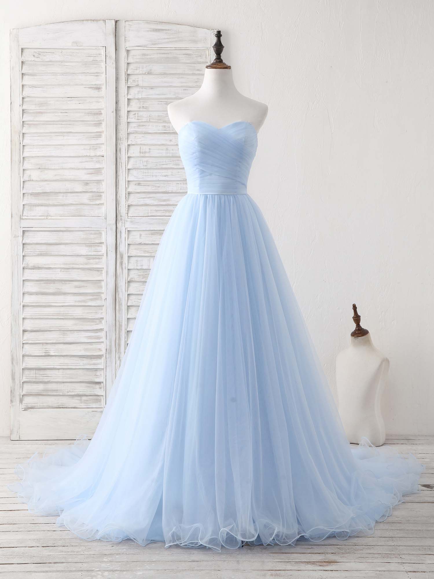 Simple Sweetheart Blue Tulle Long Prom Dress Blue Evening Dress - Deanwangkt