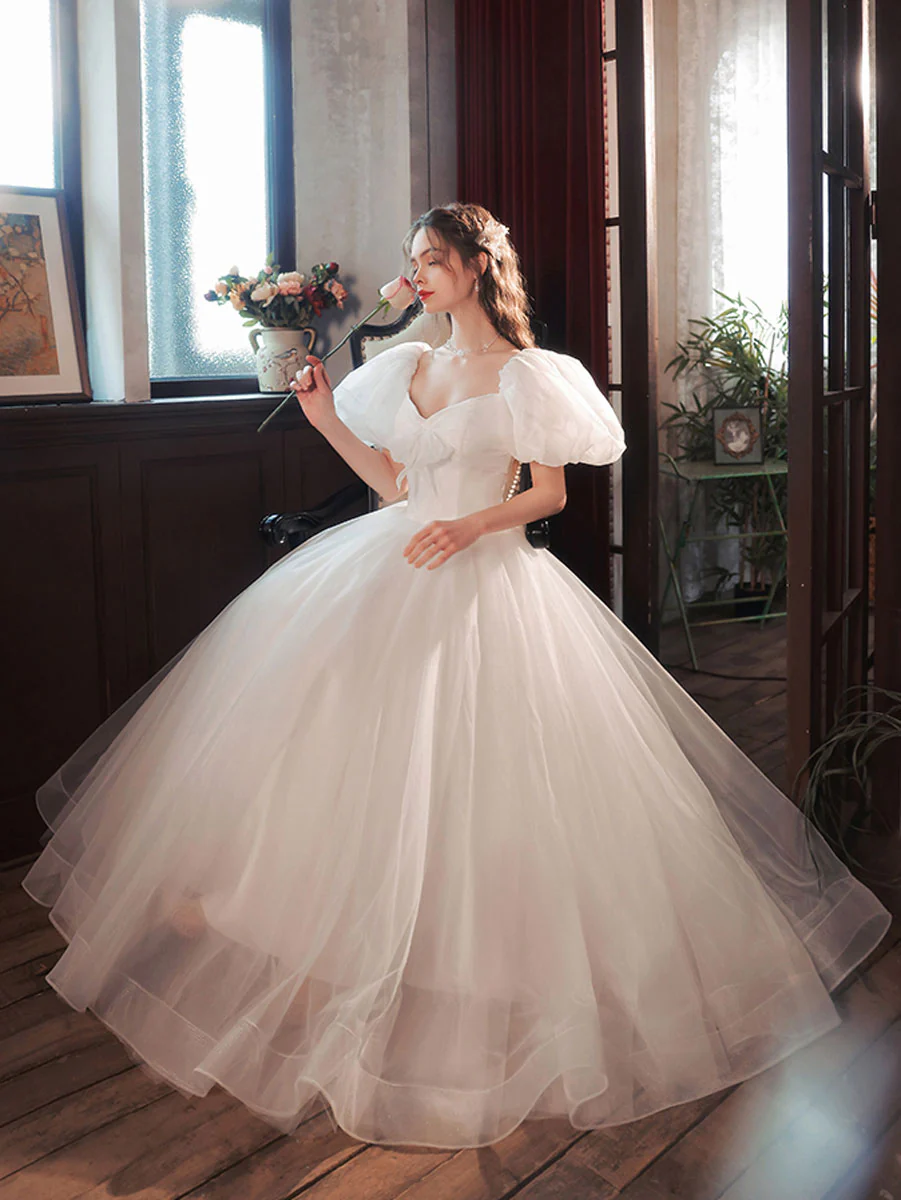 White Tulle Puffy Sleeves Long Prom Dress, White Tulle Sweet 16 Dresses - Deanwangkt