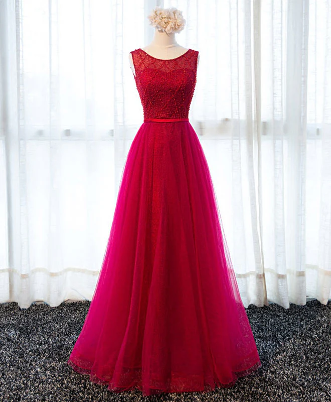 A Line Round Neck Tulle Long Prom Dress, Lace Evening Dress - Deanwangkt