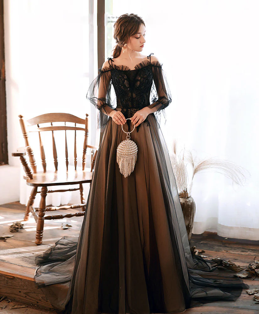 Black Tulle Lace Long Prom Dress Black Lace Evening Dress - Deanwangkt