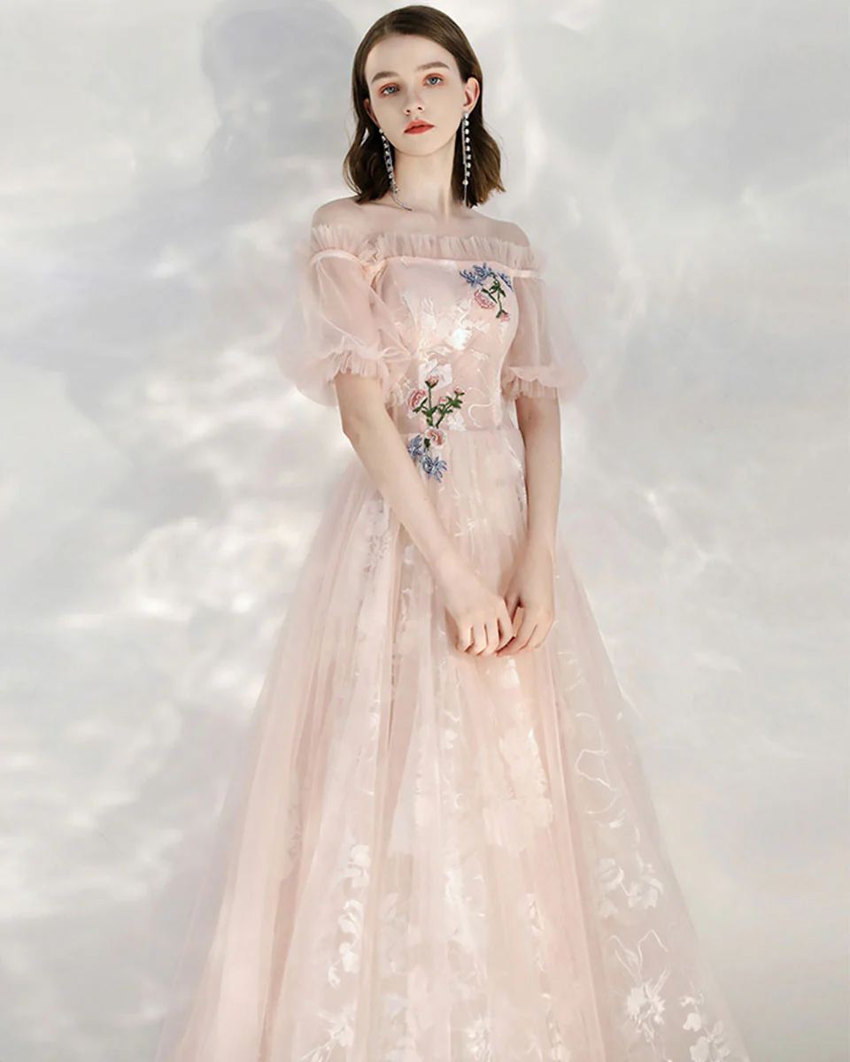 Pink Tulle Lace Off Shoulder Long Prom Dress Tulle Lace Evening Dress - Deanwangkt