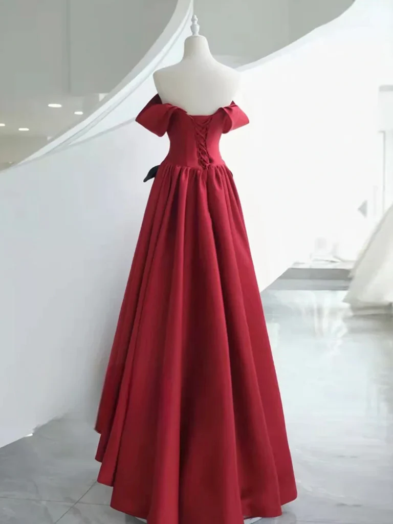 A-Line Satin Burgundy Long Prom Dress, Burgundy Long Formal Dress - Deanwangkt