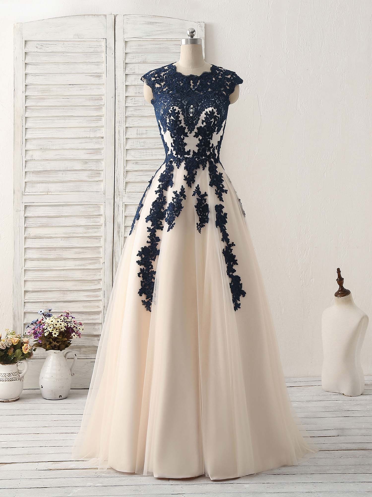 Dark Blue Lace Applique Tulle Long Prom Dress Blue Bridesmaid Dress - Deanwangkt