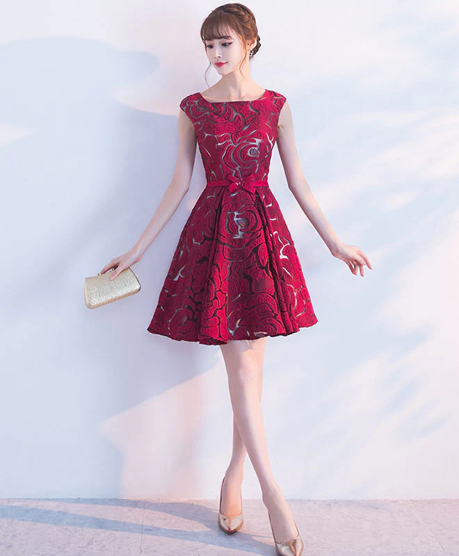 Burgundy Lace Short Prom Dress, Lace Bridesmaid Dress - Deanwangkt