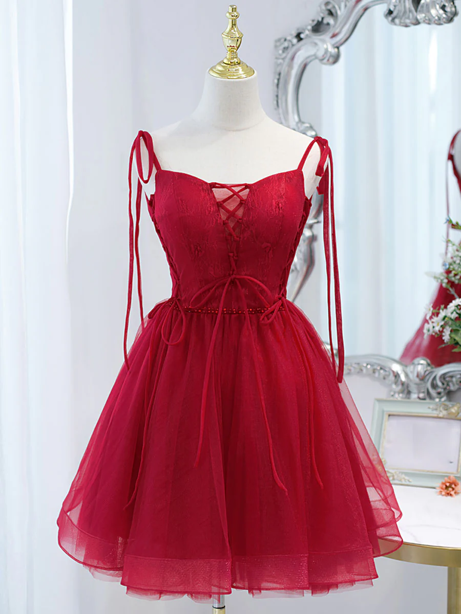 Red Tulle Lace Short Prom Dress Red Lace Puffy Homecoming Dress - Deanwangkt