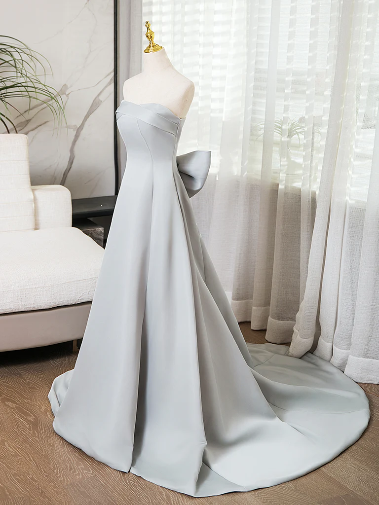 A-Line Sweetheart Neck Satin Gray Long Prom Dress, Gray Long Formal Dress - Deanwangkt