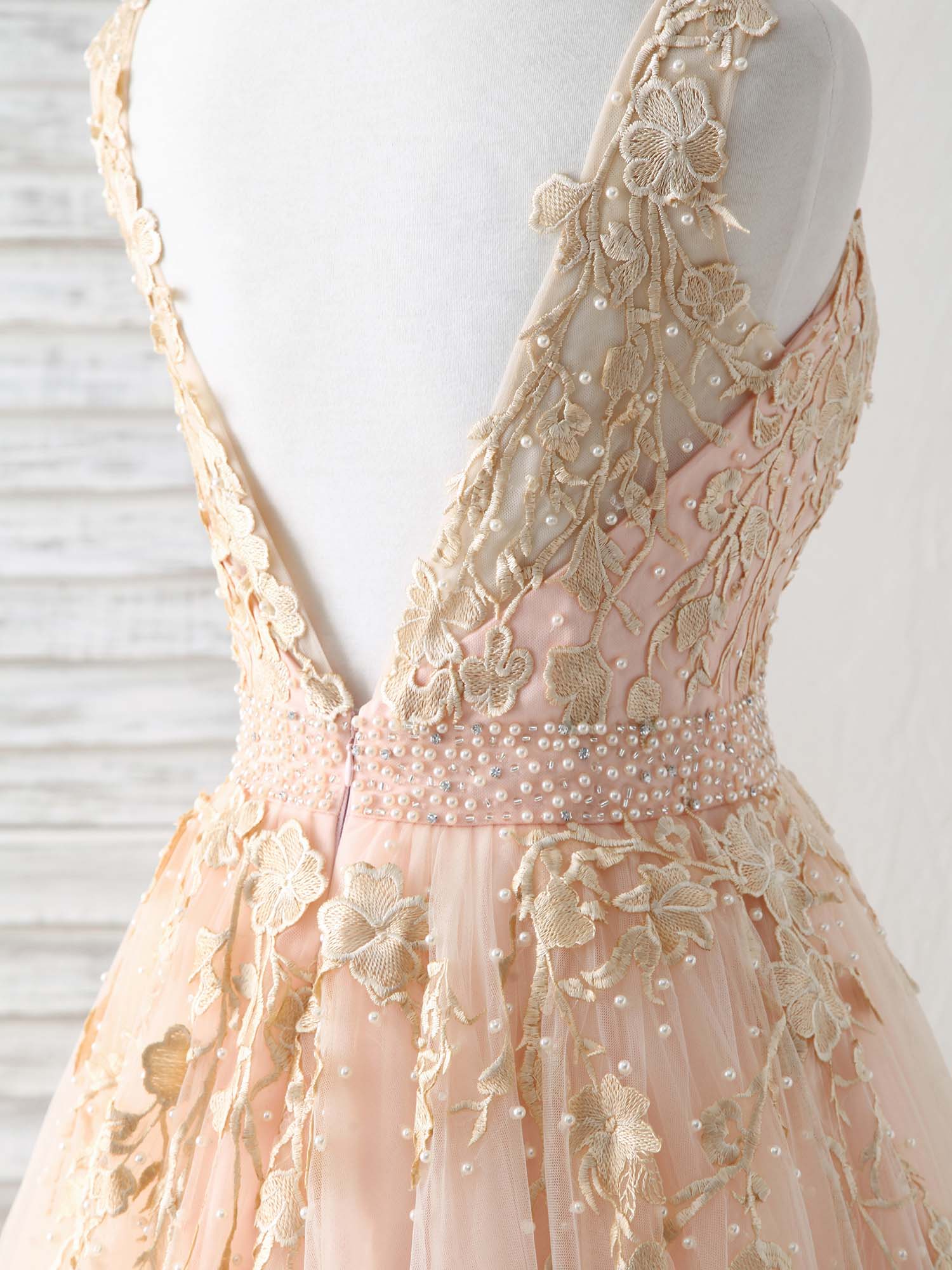 Unique V Neck Tulle Lace Applique Long Prom Dress, Evening Dress - Deanwangkt