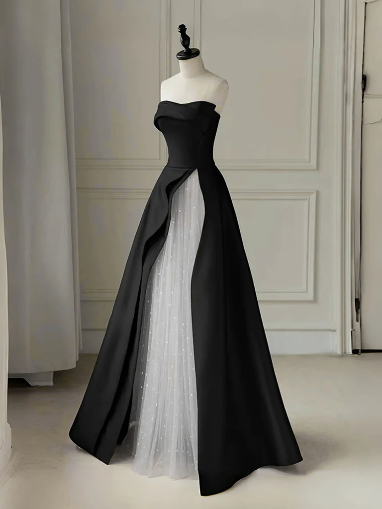 A-Line Tulle Satin Black/White Long Prom Dress. Black Long Formal Dress - Deanwangkt
