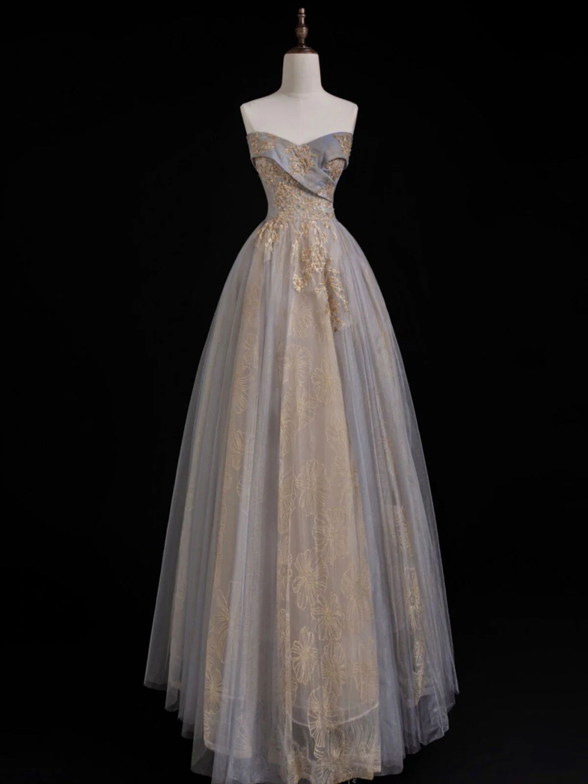 A Line Sweetheart Neck Gray Blue Long Prom Dress, Gray Court Train Blue Formal Gowns - Deanwangkt