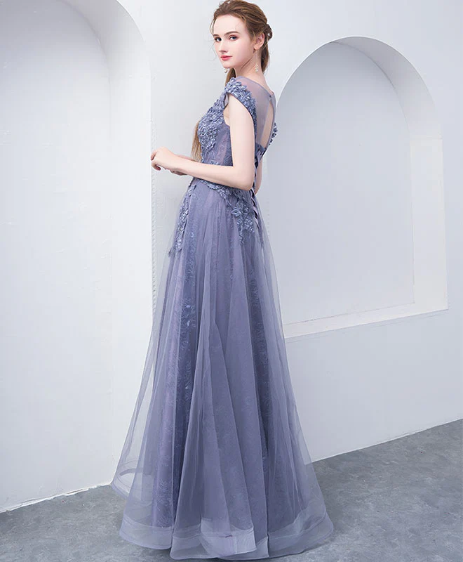 Gray Blue Round Neck Tulle Lace Long Prom Dress, Gray Blue Evening Dress - Deanwangkt