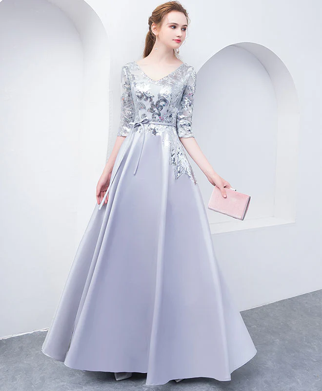 Gray V Neck Sequin Long Prom Dress, Gray Evening Dress - Deanwangkt