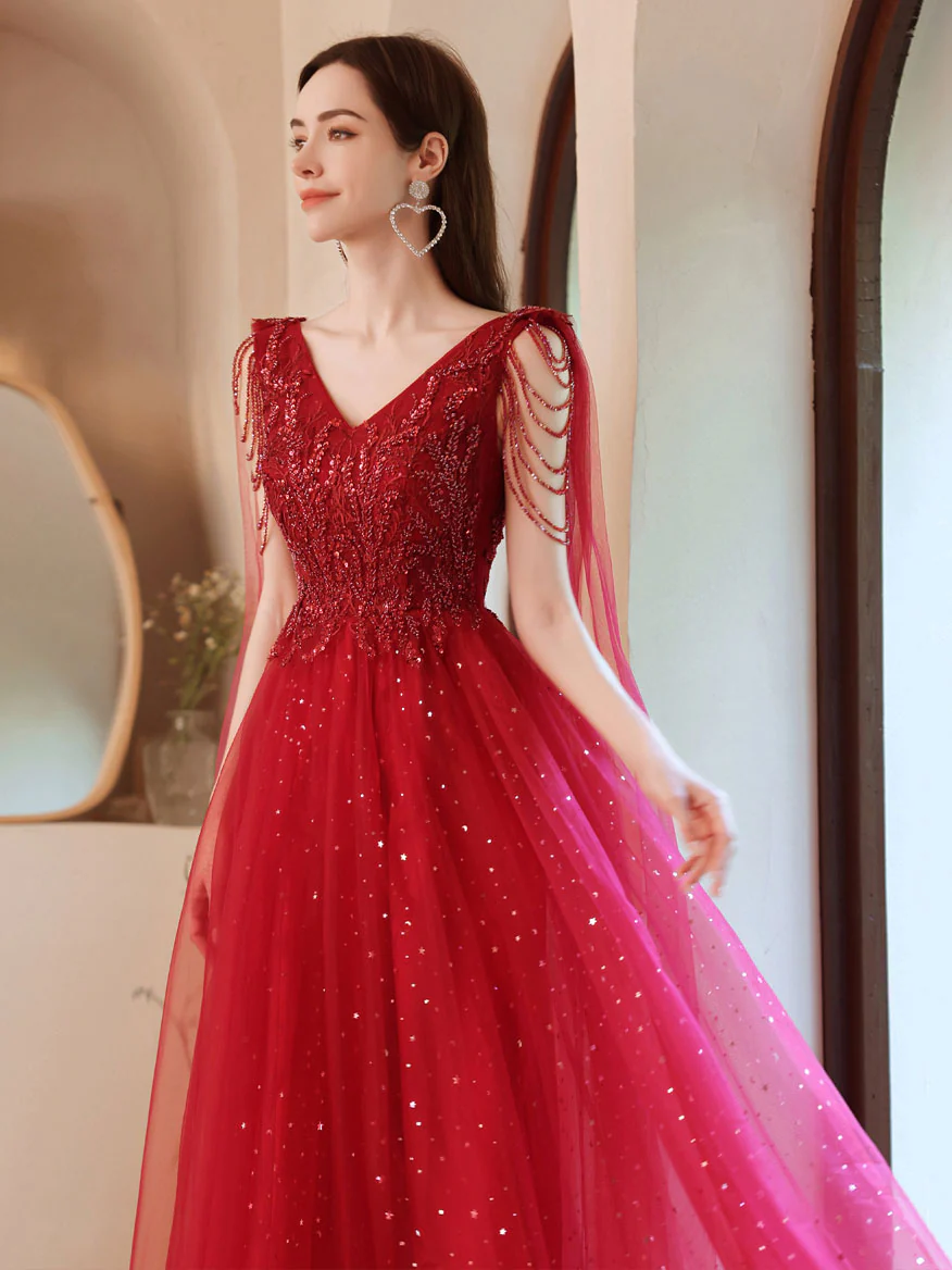 Burgundy V Neck Tulle Lace Beads Long Prom Dress, Burgundy Evening Dress - Deanwangkt