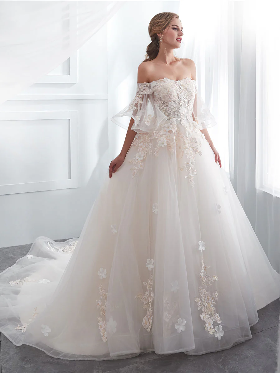 Ivory Long Lace Wedding Dress, Ivory Tulle Lace Wedding Gown - Deanwangkt