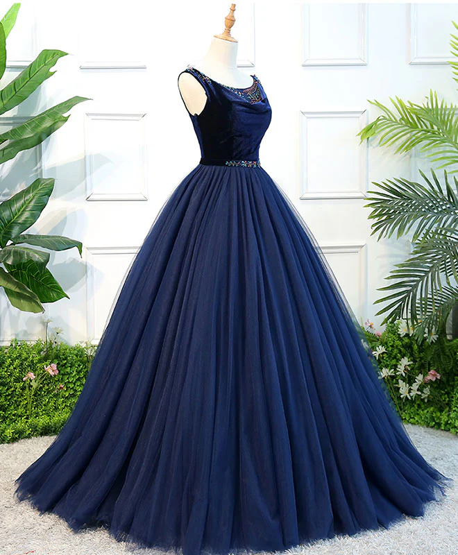 Blue Tulle Long Prom Dress, Blue Tulle Evening Dress - Deanwangkt