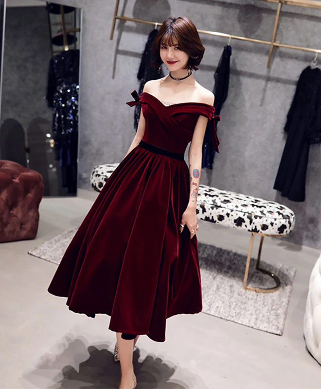 Velvet Off Shoulder Burgundy Prom Dresses, Velvet Homecoming Dresses - Deanwangkt
