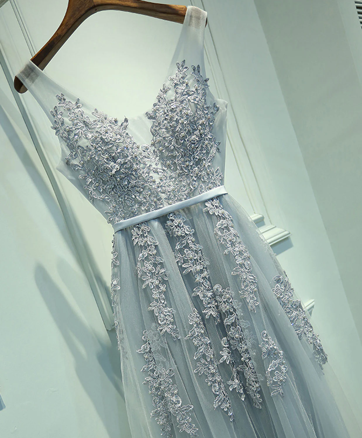 Gray V Neck Lace Tulle Long Prom Dress, Lace Evening Dress - Deanwangkt