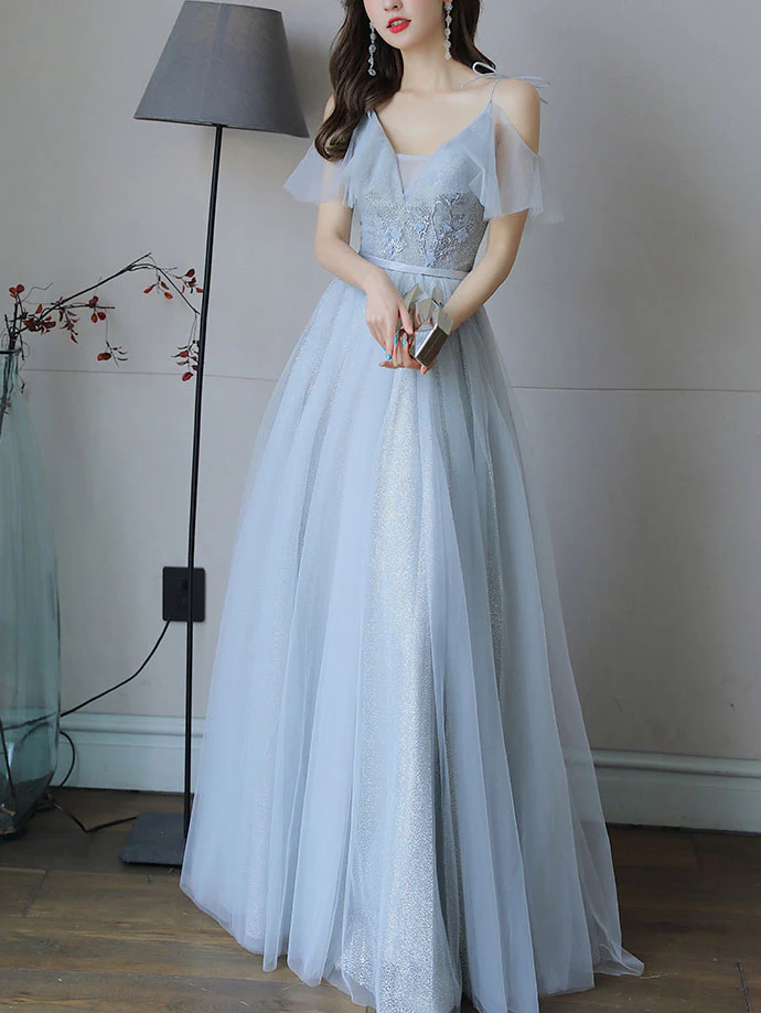 Simple Light Blue Tulle Lace Long Prom Dress, Lace Long Bridesmaid Dress - Deanwangkt