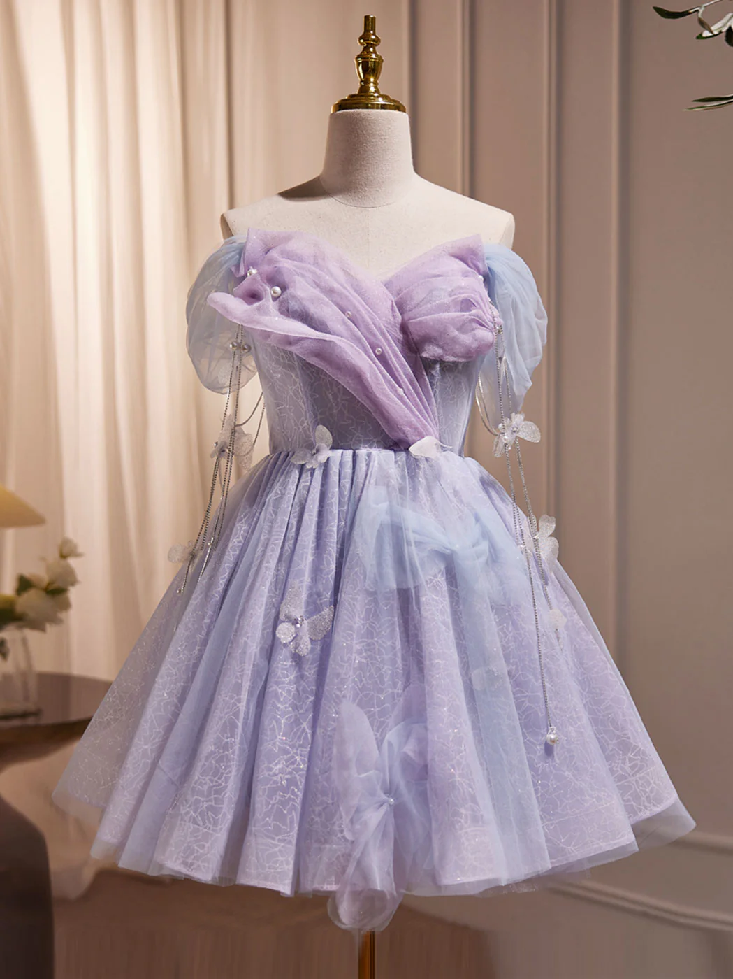 Purple Off Shoulder  Tulle Short Prom Dress, Purple Homecoming Dress - Deanwangkt