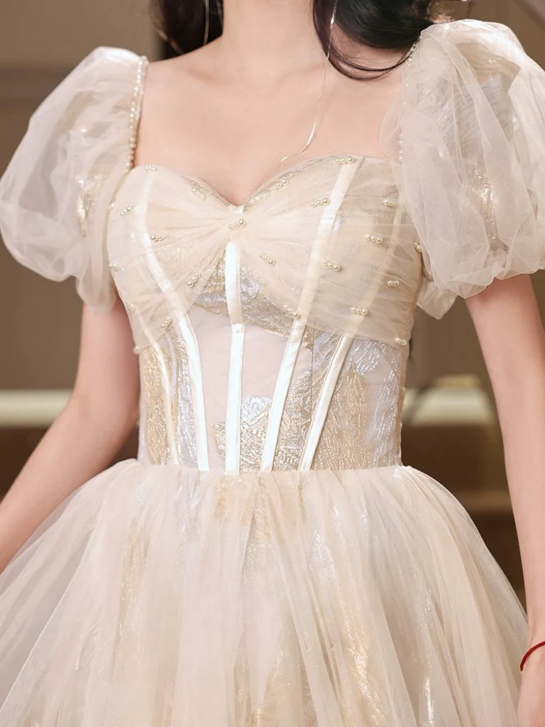 A-Line Puff Sleeves Tulle Lace Champagne Long Prom Dress - Deanwangkt