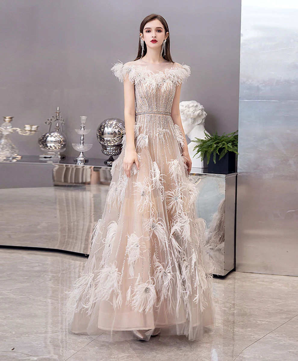 Champagne Tulle Beads Long Prom Dress, Champagne Formal Evening Dress - Deanwangkt