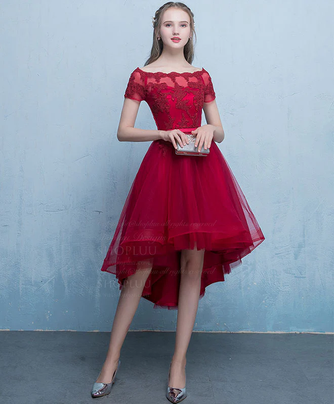 Burgundy Tulle Lace Short Prom Dress, Burgundy Homecoming Dress - Deanwangkt