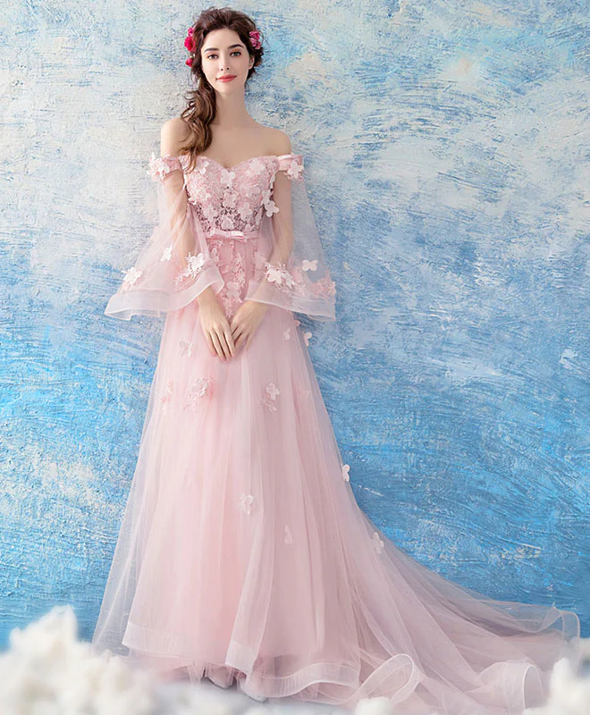 Pink Tulle Lace Long Prom Dress, Pink Evening Dress - Deanwangkt