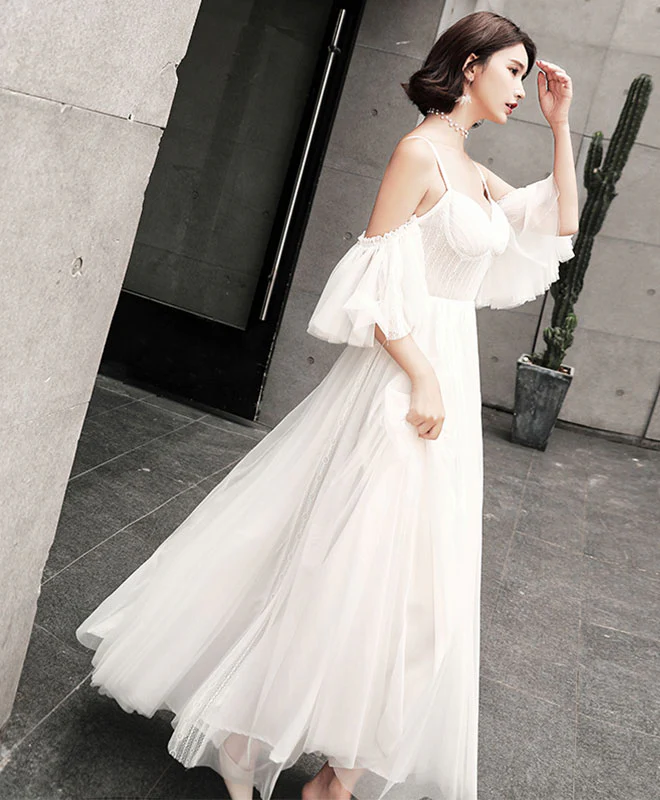 Unique Tulle Long Prom Dress, White Evening Dress - Deanwangkt