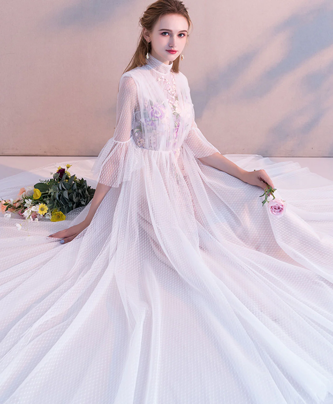 White High Neck Tulle Lace Tea Long Prom Dress Bridesmaid Dress - Deanwangkt
