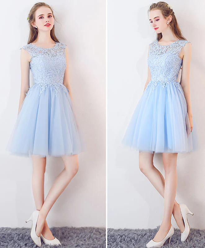 Cute Blue Tulle Lace Short Prom Dress, Blue Homecoming Dress - Deanwangkt