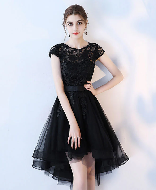 Black Lace Short Prom Dress, Hight Low Evening Dress - Deanwangkt