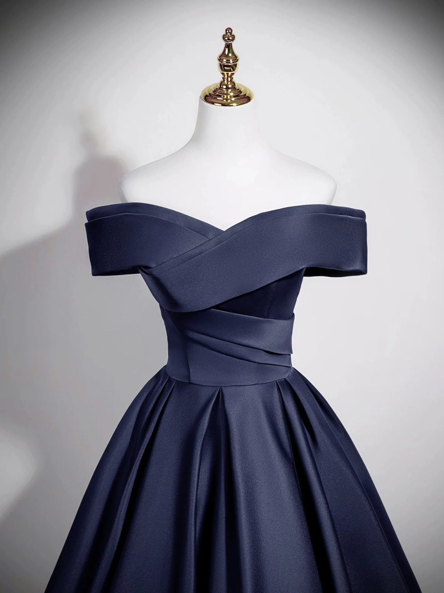 A-Line Off Shoulder Satin Dark Blue Long Prom Dress, Dark Blue Long Formal Dress - Deanwangkt