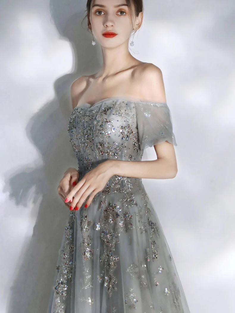 Gray Tulle Sequin Lace Long Prom Dress, Gray Tulle Formal Dress - Deanwangkt