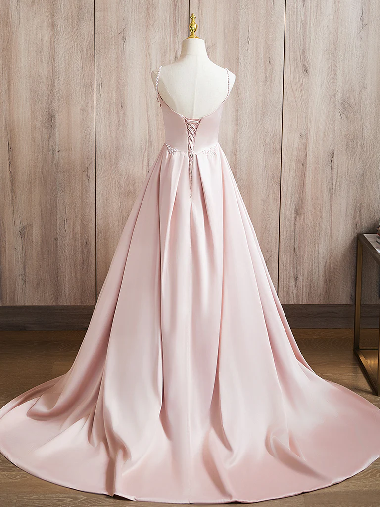 A-Line Beads Satin Pink Long Prom Dress, Pink Long Formal Dress - Deanwangkt