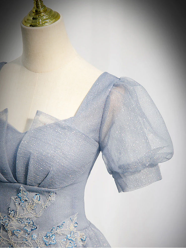 Gray Blue Tulle Long Prom Dress, Gray Blue Tulle Formal Evening Dresses - Deanwangkt