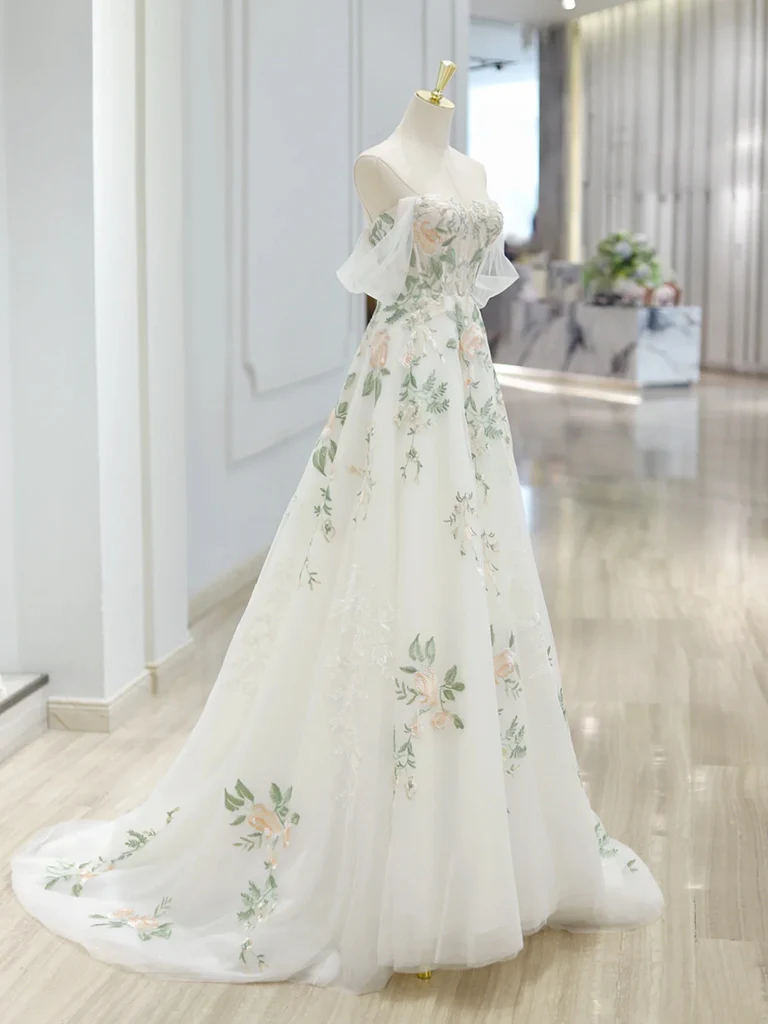 A-Line Off Shoulder ivory Tulle Lace Applique Long Prom Dress, ivory Formal Dress - Deanwangkt