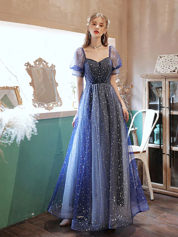 A-line Tulle Starry Blue Long Prom Dress, Blue Formal Graduation Dresses - Deanwangkt
