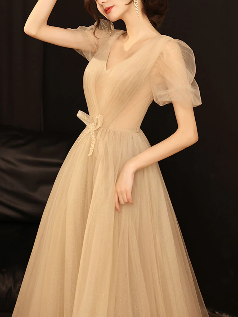 Simple A line Champagne Long Prom Dress, Champagne Bridesmaid Dress - Deanwangkt