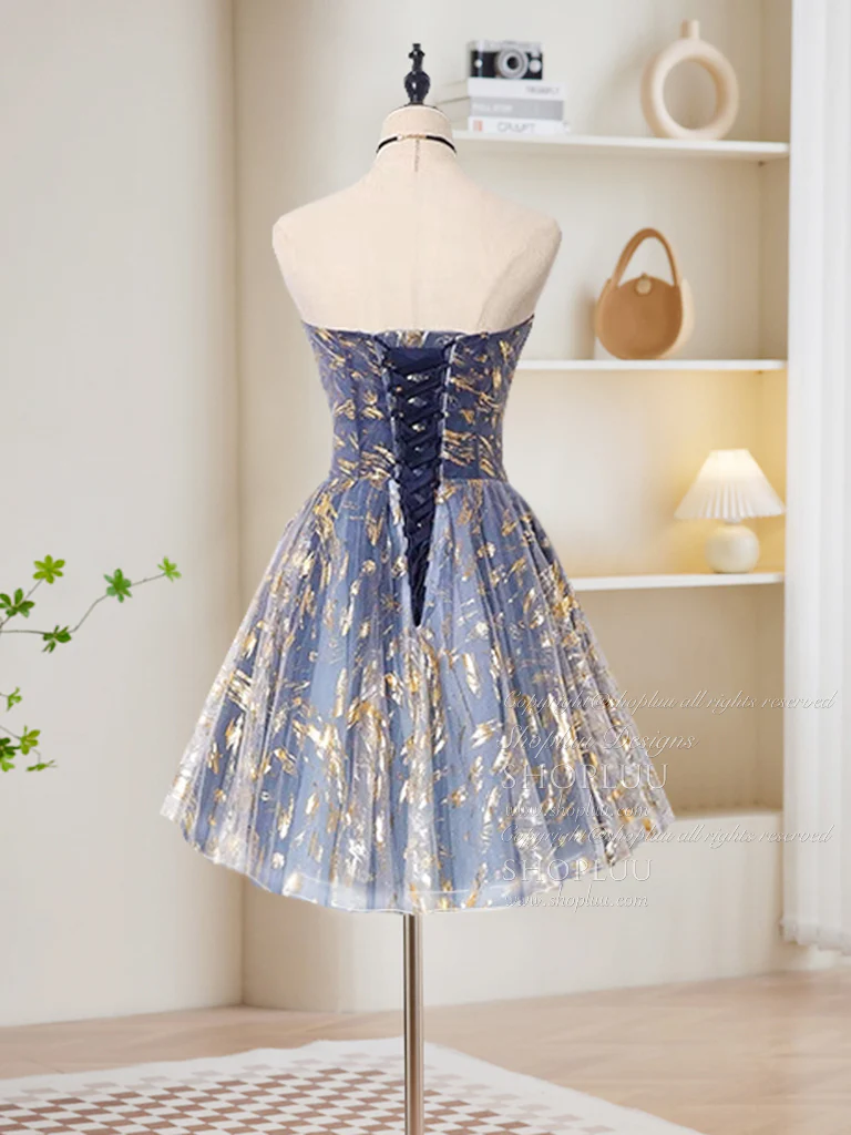A-Line Tulle Lace Blue Short Prom Dress, Cute Blue Homecoming Dress - Deanwangkt