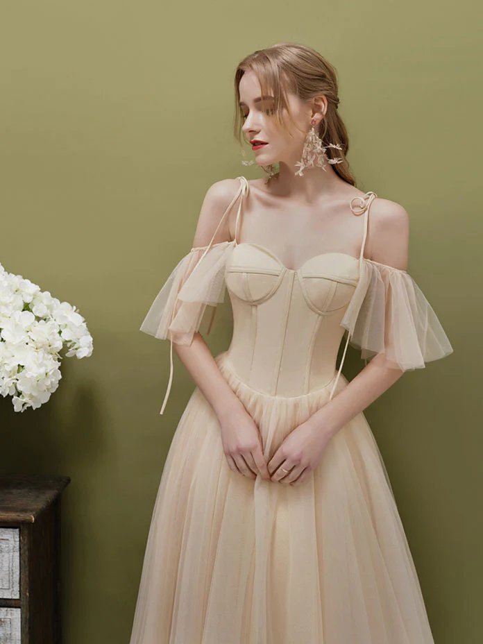 Simple A-line Champagne Tulle Short Prom Dress, Champagne HDRomecoming dress - Deanwangkt