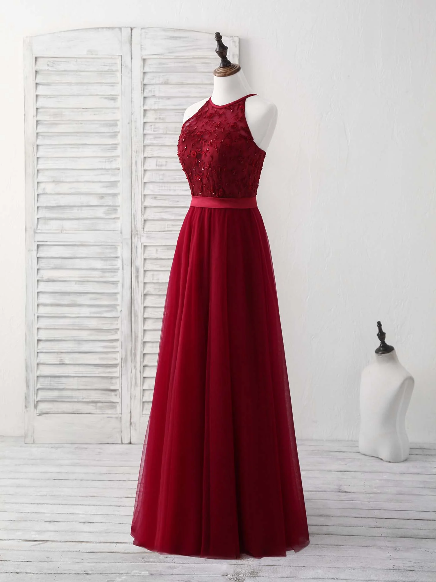 Burgundy Tulle Lace Long Prom Dress, Burgundy Bridesmaid Dress - Deanwangkt
