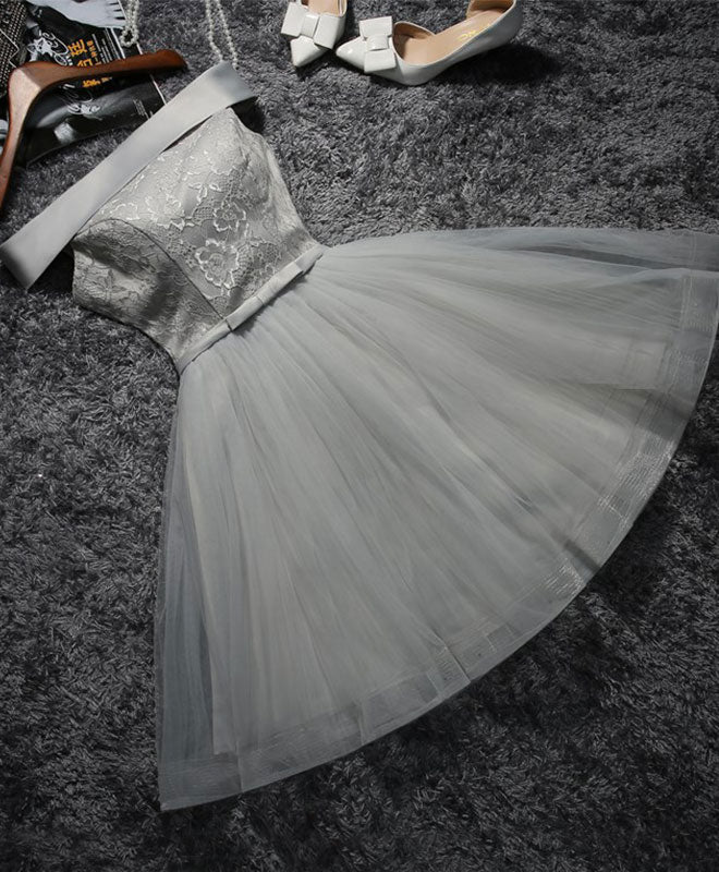 Cute Gray Lace Tulle Short Prom Dress, Gray Homecoming Dress - Deanwangkt