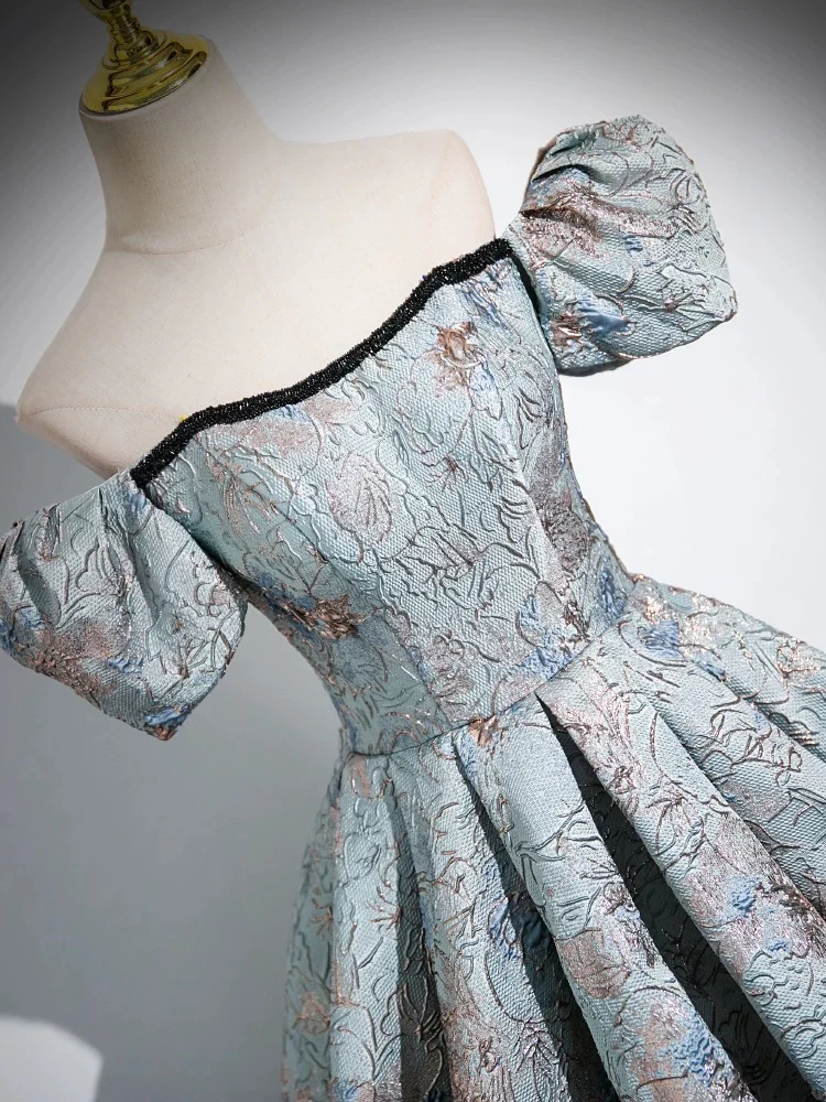 A-Line Puff Sleeves Satin Gray Blue Long Prom Dress, Gray Blue Long Evening Dress - Deanwangkt