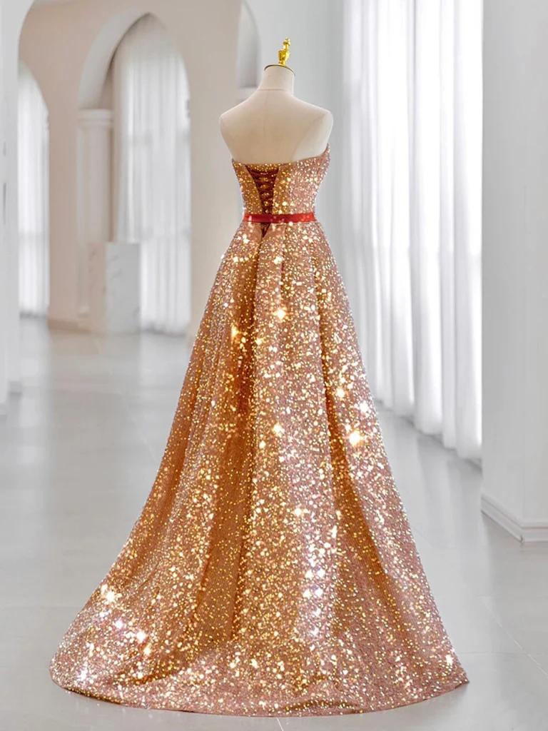 A-Line Sweetheart Neck Velvet Sequin Champagne Gold Long Prom Dress - Deanwangkt