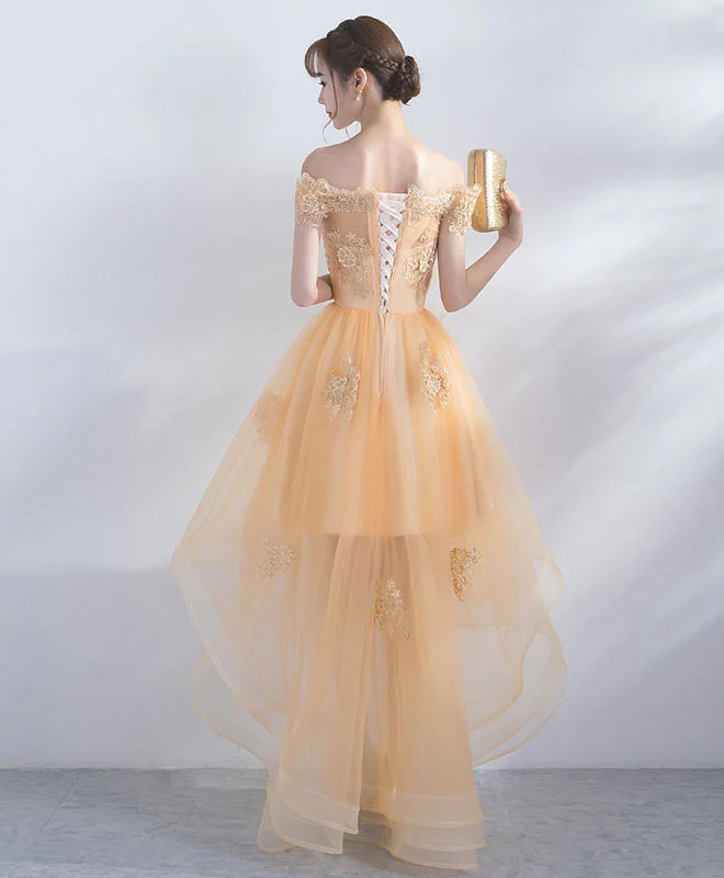 Champagne Tulle Lace Short Prom Dress, Champagne Homecoming Dresses - Deanwangkt