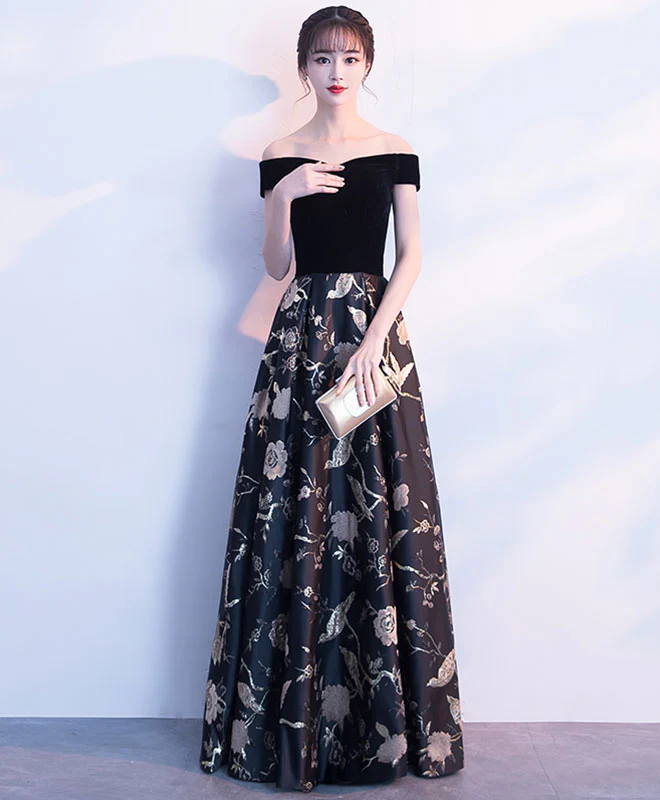 Black Off Shoulder Floral Pattern Long Prom Dress, Evening Dress - Deanwangkt